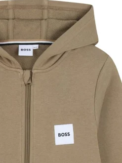 Sweat zippé en coton taupe à coupe ajustée pourvu d'un col à capuche