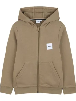 Sweat zippé en coton taupe à coupe ajustée pourvu d'un col à capuche