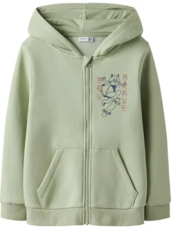 Sweat zippé en coton vert uni pourvu d'un imprimé chat et d'une coupe droite