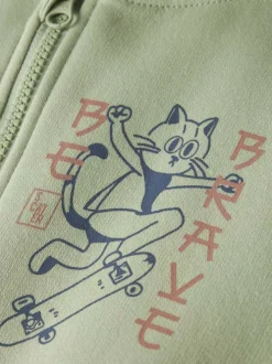 Sweat zippé en coton vert uni pourvu d'un imprimé chat et d'une coupe droite