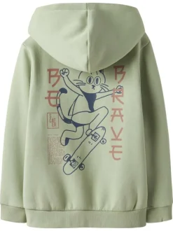 Sweat zippé en coton vert uni pourvu d'un imprimé chat et d'une coupe droite