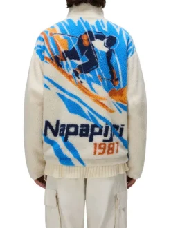 Sweat beige avec imprimé au dos à coupe droite et à col montant zippé