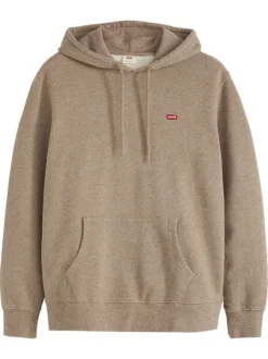 Sweat beige chiné en coton avec un col à capuche et une poche kangourou