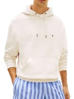 Sweat beige en coton pourvu d'un col à capuche avec cordon de serrage