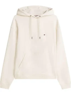 Sweat beige en coton pourvu d'un col à capuche avec cordon de serrage