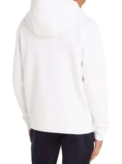 Sweat blanc coupe droite à capuche, manches longues et nom de la marque brodé à la poitrine