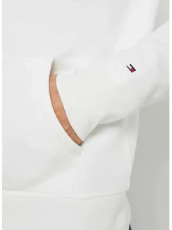 Sweat blanc coupe droite à capuche, manches longues et nom de la marque brodé à la poitrine