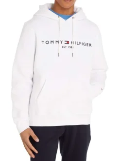 Sweat blanc coupe droite à capuche, manches longues et nom de la marque brodé à la poitrine