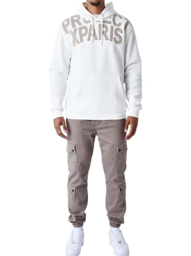 Sweat blanc imprimé à coupe ample avec nom de la marque taupe et col à capuche