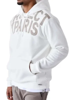Sweat blanc imprimé à coupe ample avec nom de la marque taupe et col à capuche
