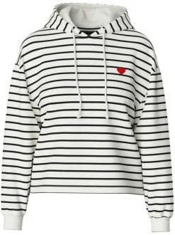 Sweat blanc rayé à coupe droite et col à capuche avec lien et coeur rouge