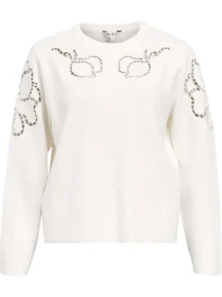 Sweat blanc uni pourvu de détails en maille ajourée et d'un col rond