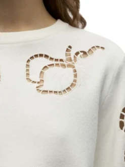 Sweat blanc uni pourvu de détails en maille ajourée et d'un col rond
