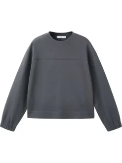 Sweat bleu gris uni en maille piquée avec une coupe droite et un col rond