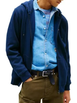 Sweat bleu marine à capuche zippé en coton mélangé avec 1 poche kangourou