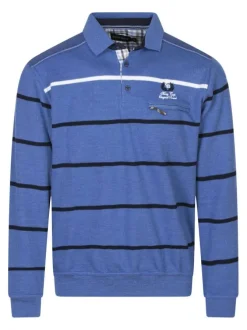 Sweat bleu à rayure avec une coupe droite et un col polo à boutons
