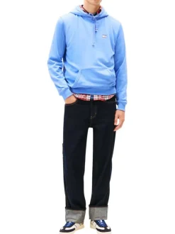 Sweat bleu uni avec une coupe droite et un col à capuche avec cordon de serrage