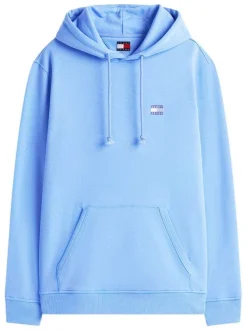 Sweat bleu uni avec une coupe droite et un col à capuche avec cordon de serrage