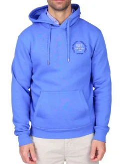 Sweat bleu uni avec une coupe droite et un col à capuche avec cordons