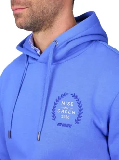 Sweat bleu uni avec une coupe droite et un col à capuche avec cordons