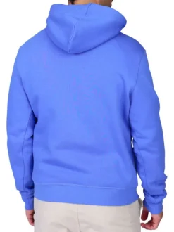 Sweat bleu uni avec une coupe droite et un col à capuche avec cordons