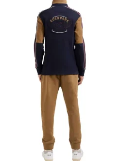 Sweat camel tricolore droit, col polo et bandes colorées le long des manches
