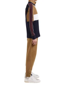 Sweat camel tricolore droit, col polo et bandes colorées le long des manches
