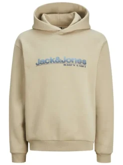 Sweat à capuche beige uni à coupe droite avec nom de la marque à la poitrine
