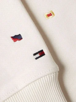 Sweat à capuche écru uni en coton avec des drapeaux et une poche kangourou