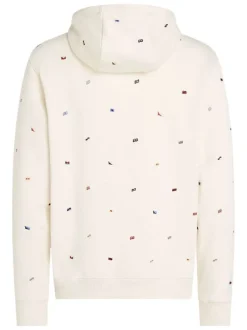 Sweat à capuche écru uni en coton avec des drapeaux et une poche kangourou