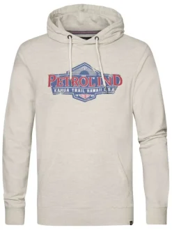 Sweat à capuche écru uni et logo bleu et rouge floqué sur la poitrine