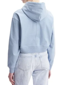 Sweat à capuche en coton bleu avec une coupe cropped et logo cousu à la poitrine