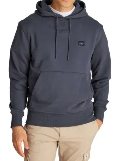 Sweat à capuche en coton bleu marine uni à coupe droite avec un petit patch