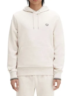 Sweat à capuche en coton écru chiné avec une coupe droite et une grande poche