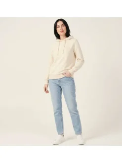 Sweat capuche en coton mélangé beige uni avec une coupe droite