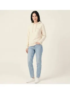 Sweat capuche en coton mélangé beige uni avec une coupe droite