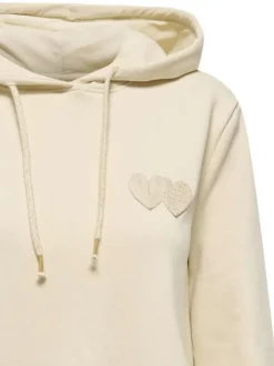 Sweat capuche en coton mélangé beige uni avec une coupe droite