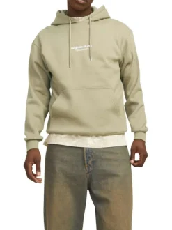 Sweat à capuche en coton mélangé beige uni à coupe droite avec petite écriture