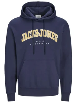 Sweat à capuche en coton mélangé bleu marine uni à coupe droite imprimé