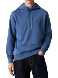 Sweat à capuche en coton mélangé bleu uni avec une coupe droite et logo iconique