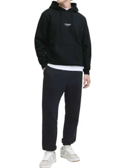 Sweat à capuche en coton mélangé noir uni avec une coupe droite