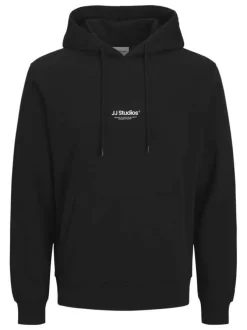 Sweat à capuche en coton mélangé noir uni avec une coupe droite
