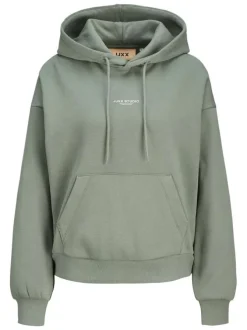 Sweat à capuche en coton mélangé vert d'eau uni à coupe droite avec une poche