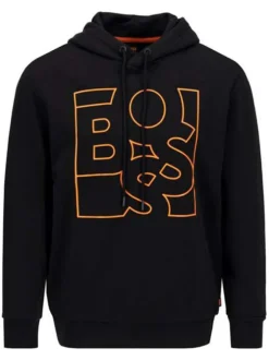 Sweat à capuche en coton noir avec une coupe droite col croisé et gros logo devant