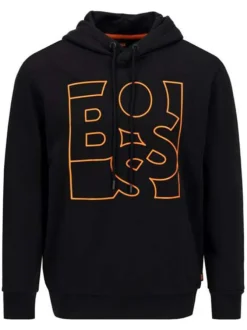Sweat à capuche en coton noir avec une coupe droite col croisé et gros logo devant