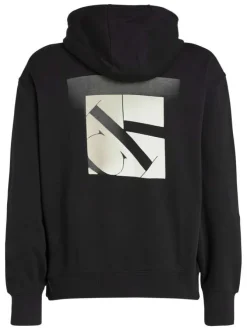 Sweat à capuche en coton noir avec une coupe droite et un imprimé au dos