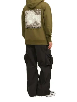 Sweat à capuche kaki avec un coupe droite et un imprimé dorsal
