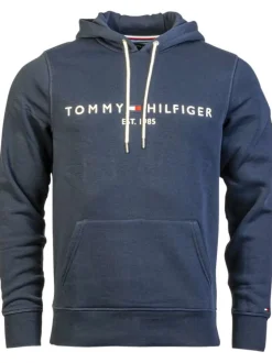 Sweat à capuche marine avec logo brodé sur l'extrémité de la manche gauche