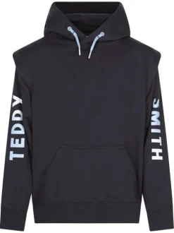 Sweat à capuche marine en coton uni coupe droite col croisé à manches longues
