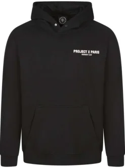 Sweat à capuche noir uni avec un bouton de fermeture et logo iconique